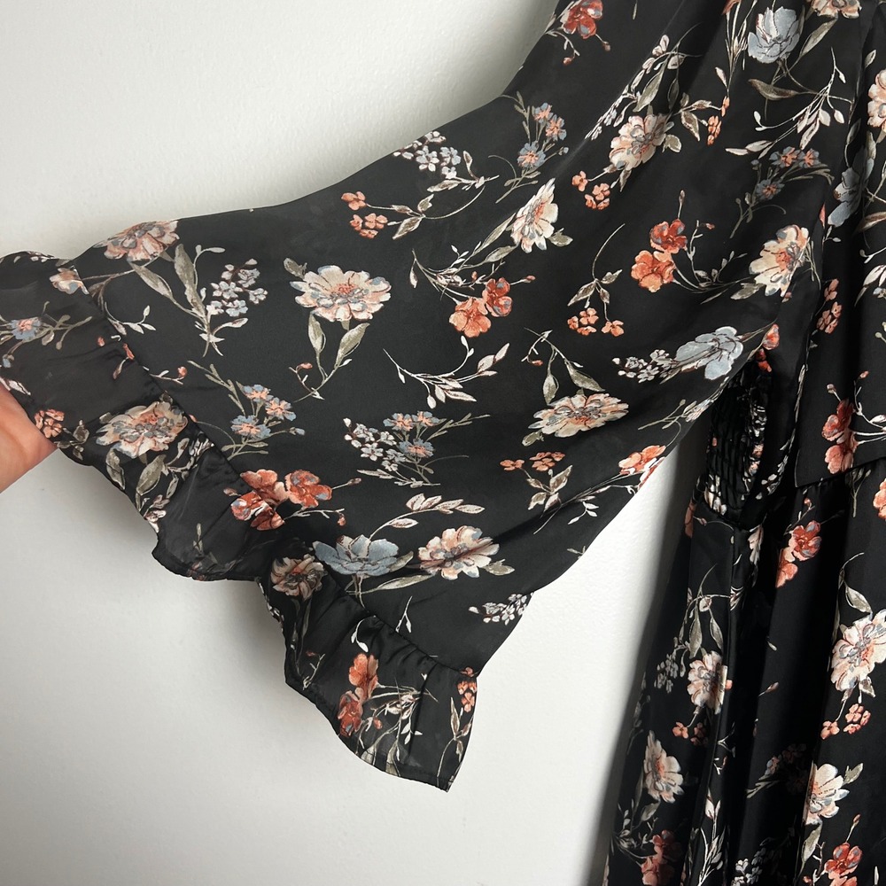 Arula Black Floral Mini Dress Square Neck Smocked Back Ruffle Long Sleeve XL (X) - Picture 4 of 6